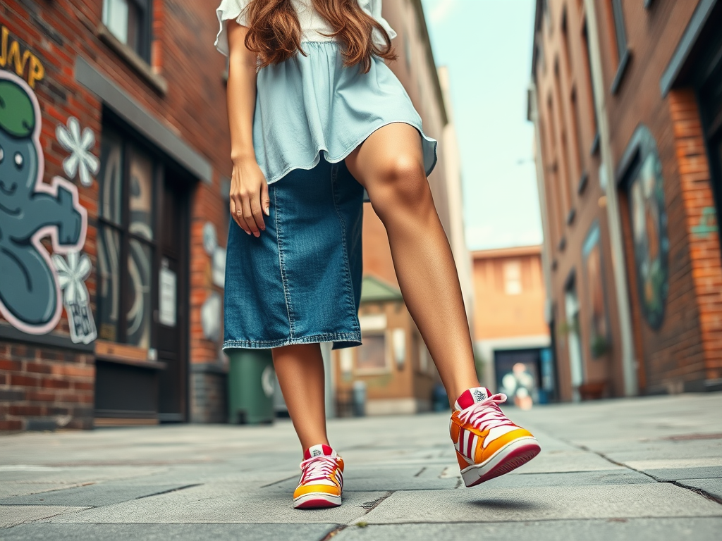 Een vrouw in een spijkerrok en kleurrijke sneakers wandelt door een straat met muurschilderingen.