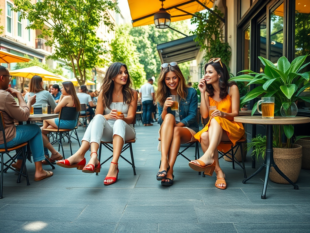 Drie vrouwen zitten buiten op een terras, genietend van drankjes en elkaars gezelschap onder zonneschermen.
