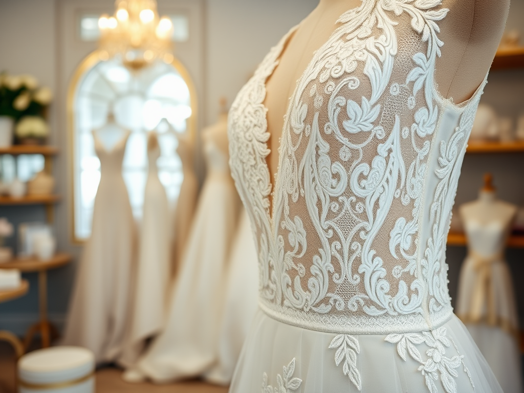 Elegante trouwjurk met gedetailleerde borduursels, in een sfeervolle bruidswinkel. Op de achtergrond andere jurken.