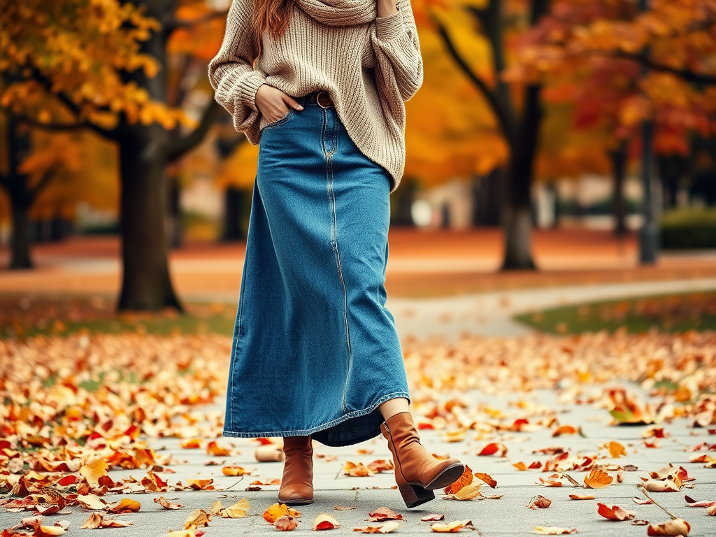 Een vrouw in een gebreide trui en een spijkerrok loopt over een pad bedekt met herfstbladeren.