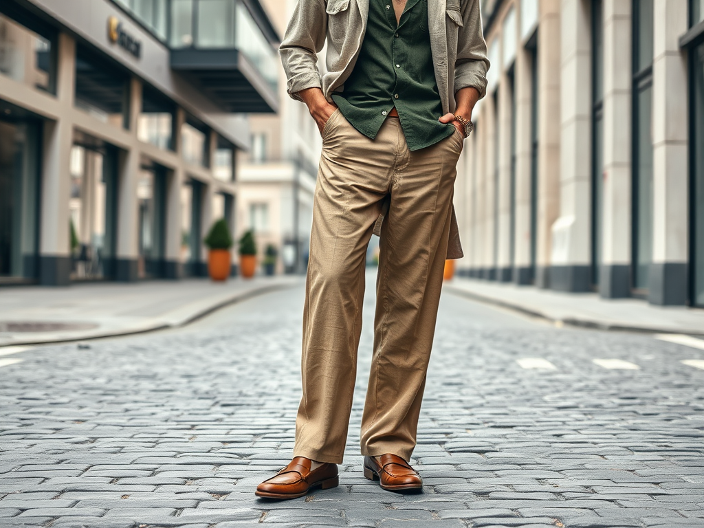Een man staat op een straat van stenen, gekleed in een groen overhemd, beige broek en leren schoenen.