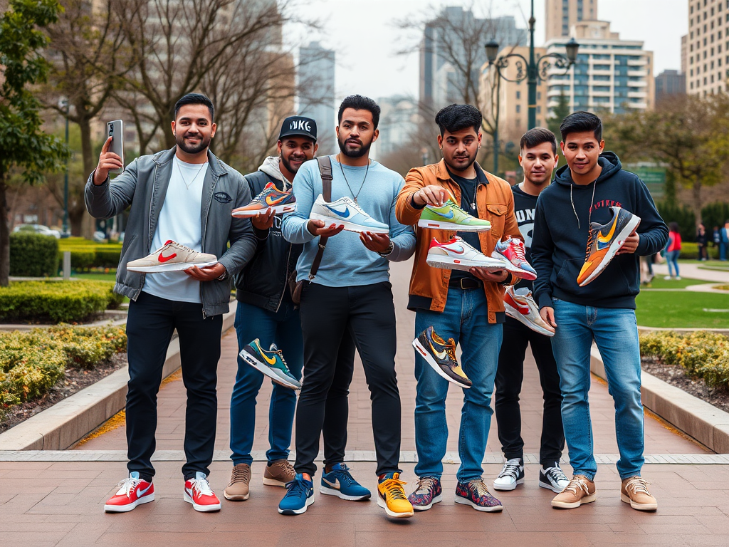 Zes mannen staan in een park met verschillende sneakers in hun handen, met een stad op de achtergrond.