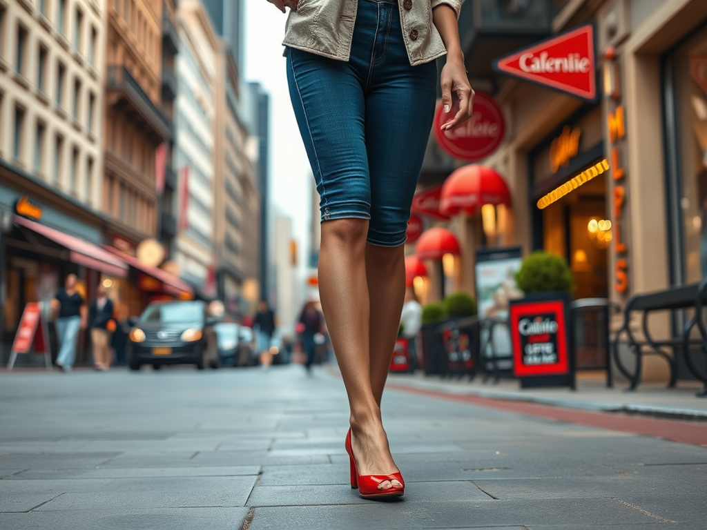 Een vrouw in een stad met een casual outfit en rode pumps, loopt over een stenen straat vol cafés en voertuigen.
