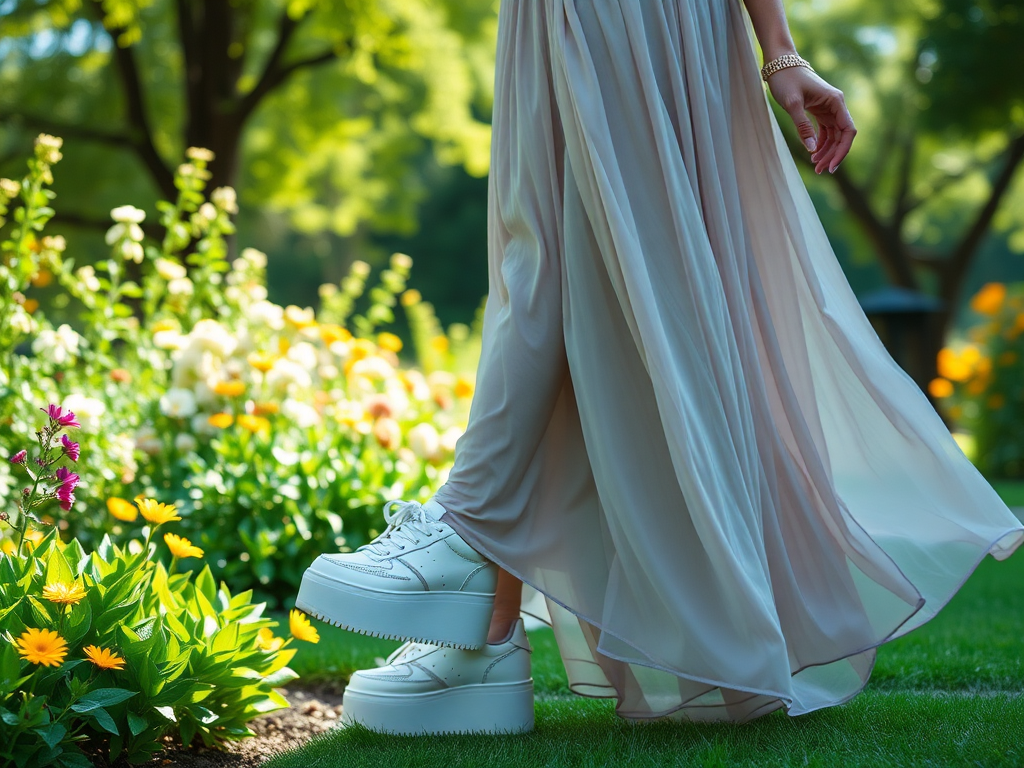 Een vrouw in een lange, luchtige jurk met opvallende witte schoenen, staand tussen kleurrijke bloemen.