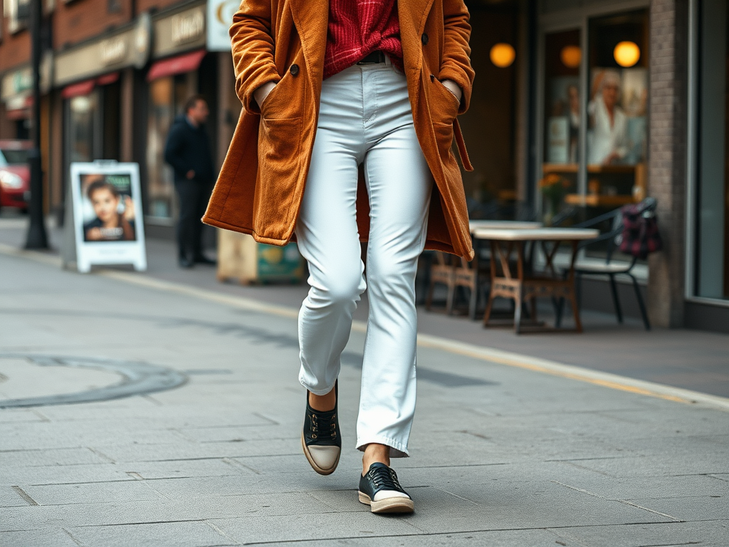 Een vrouw wandelt op straat in een oranje jas, witte broek en zwarte sneakers, met winkels op de achtergrond.