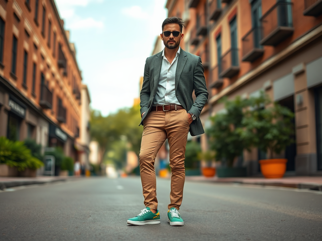 Een man in een grijze blazer en lichte broek poseert zelfverzekerd op een straat met bomen en gebouwen.