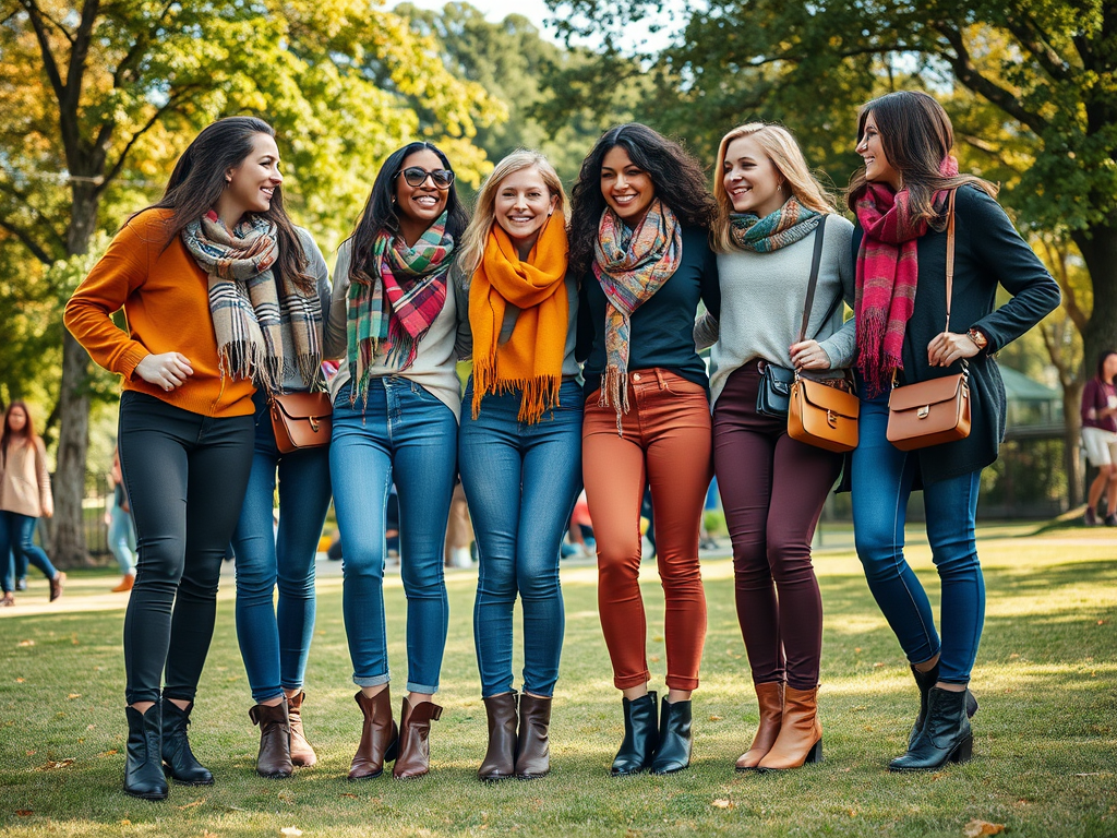 Zeven vrouwen in casual kleding lachen en staan in een park met herfstbomen op de achtergrond.