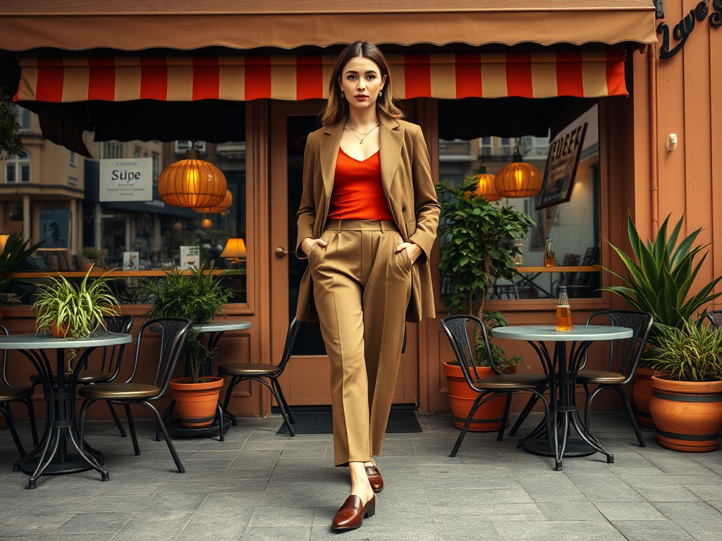 Een vrouw in een bruin kostuum staat voor een café met planten en stoelen op de achtergrond.