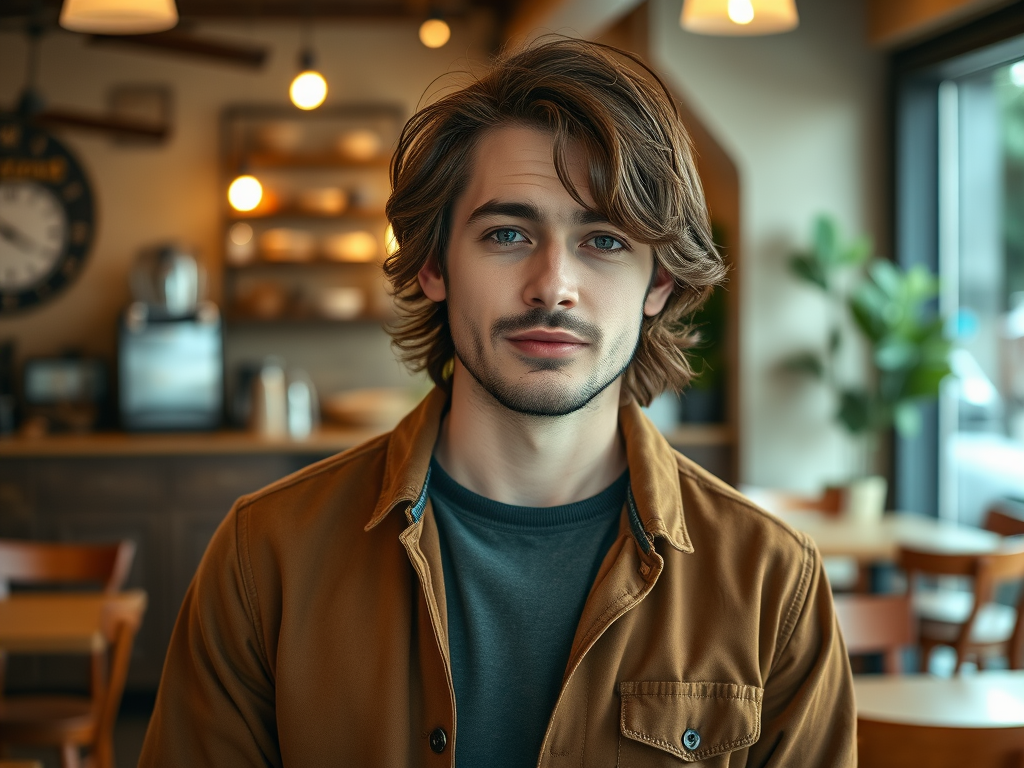 Een jonge man met golvend haar en een ontspannen uitstraling, zittend in een café met een warme sfeer.