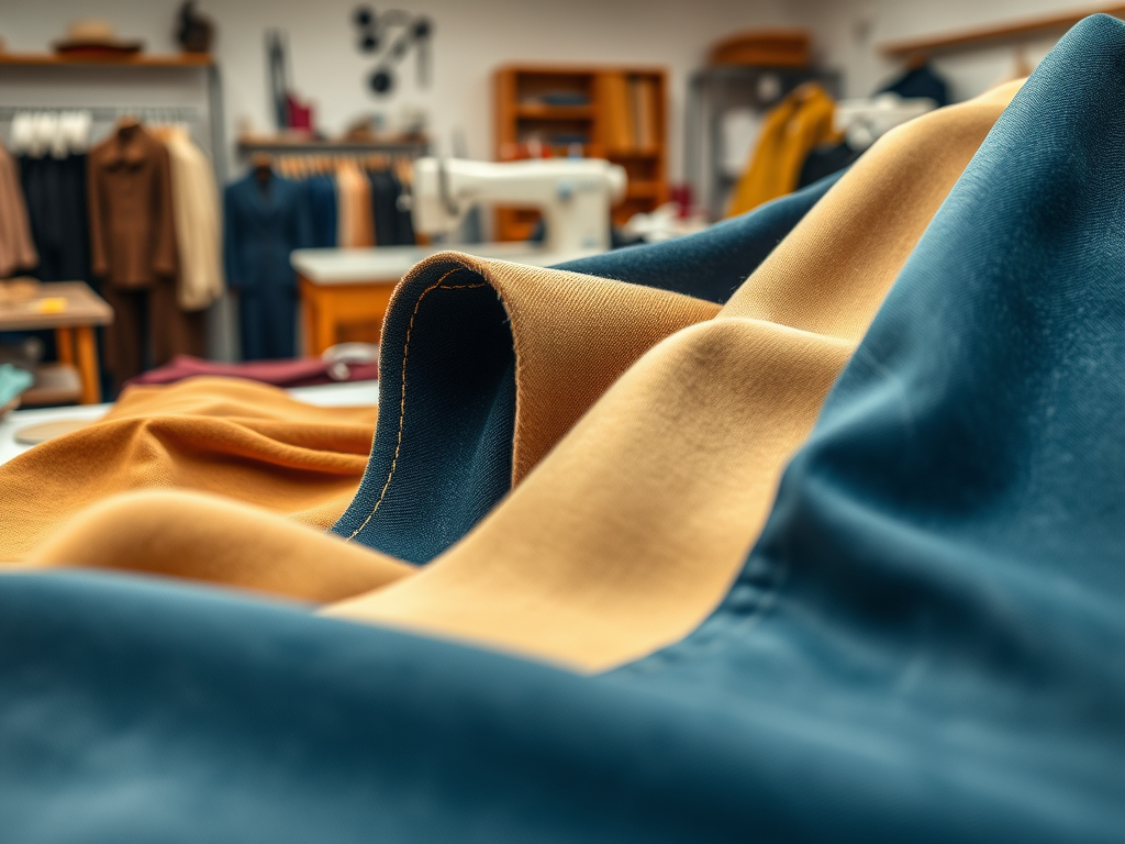 Een close-up van kleurrijke stoffen in een naaiatelier met een verscheidenheid aan kleding op de achtergrond.