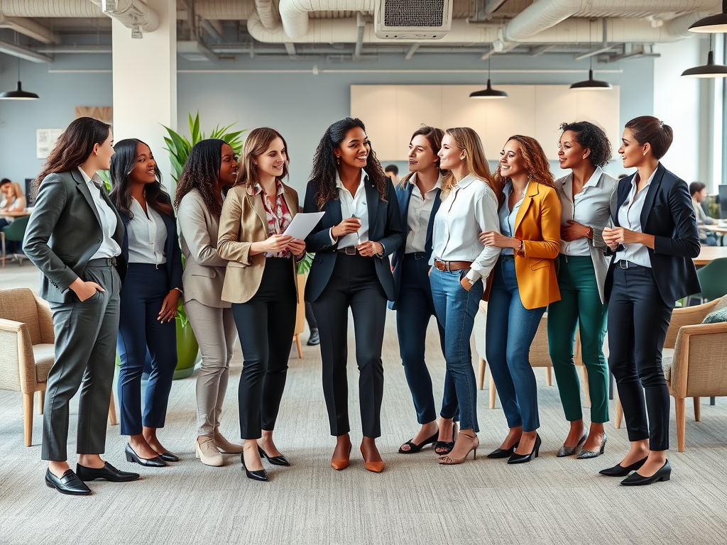 Twaalf vrouwen in formele kleding lachen en praten met elkaar in een moderne kantoorruimte.