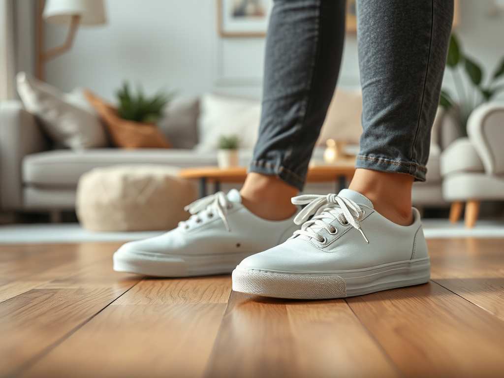 Witte sneakers staan op een houten vloer in een sfeervolle woonkamer met een bank en planten op de achtergrond.