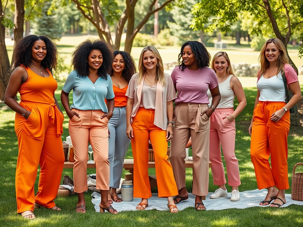 Groep vrouwen in kleurrijke outfits staat op een grasveld. Ze lachen en poseren samen voor een foto.
