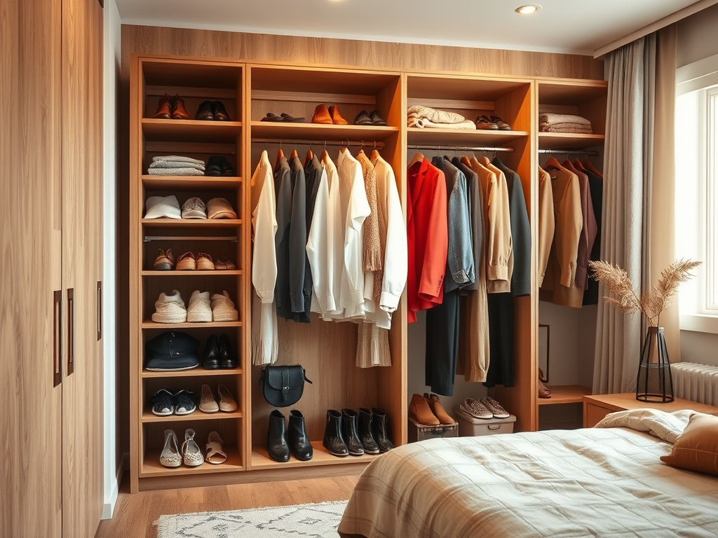 Een moderne slaapkamer met een houten kast vol kleding en schoenen, tegenover een bed met een dekbed.