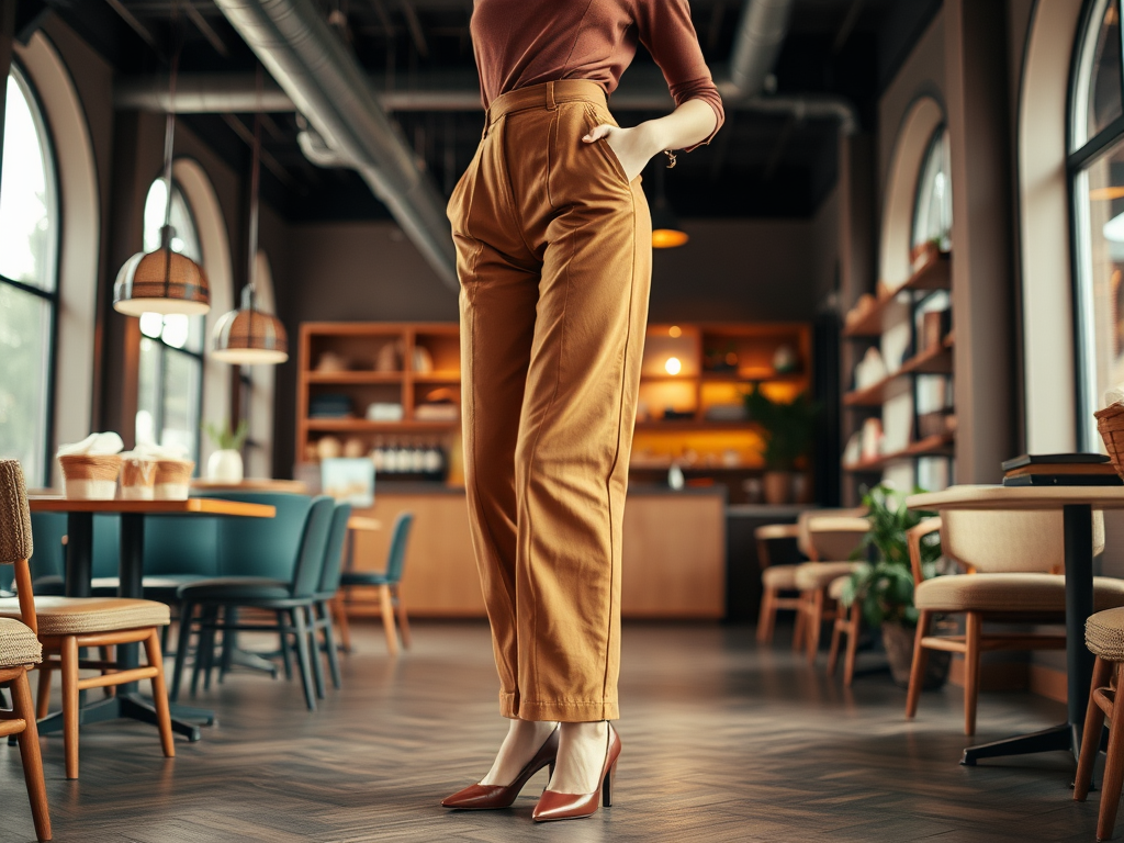 Een vrouw staat in een trendy café, gekleed in een bruin shirt en gele broek, met hoge hakken.