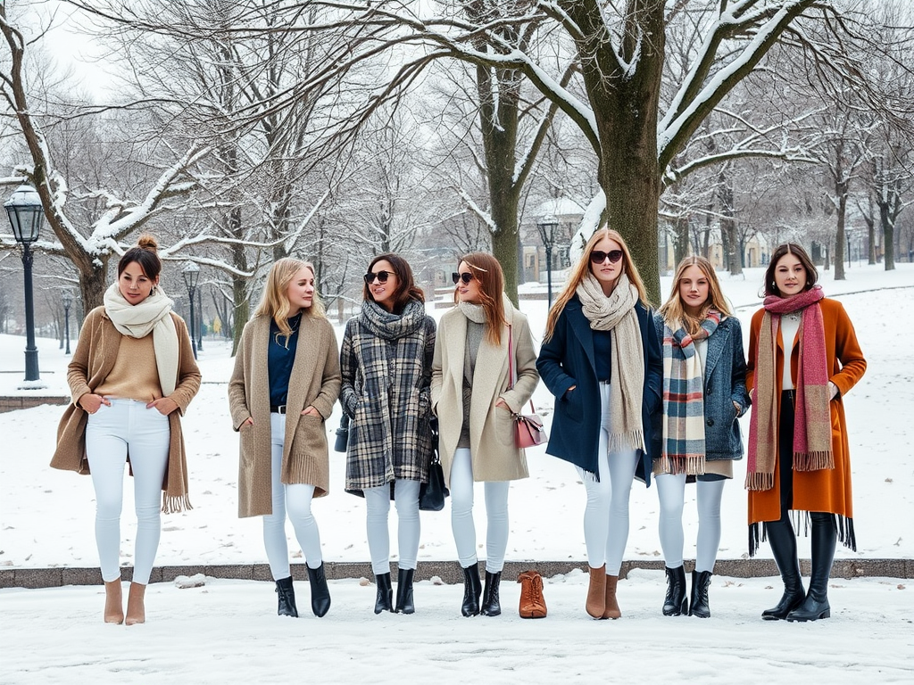 Groep van acht vrouwen in winterkleding poseren in een besneeuwd park. Ze dragen jassen en sjaals.