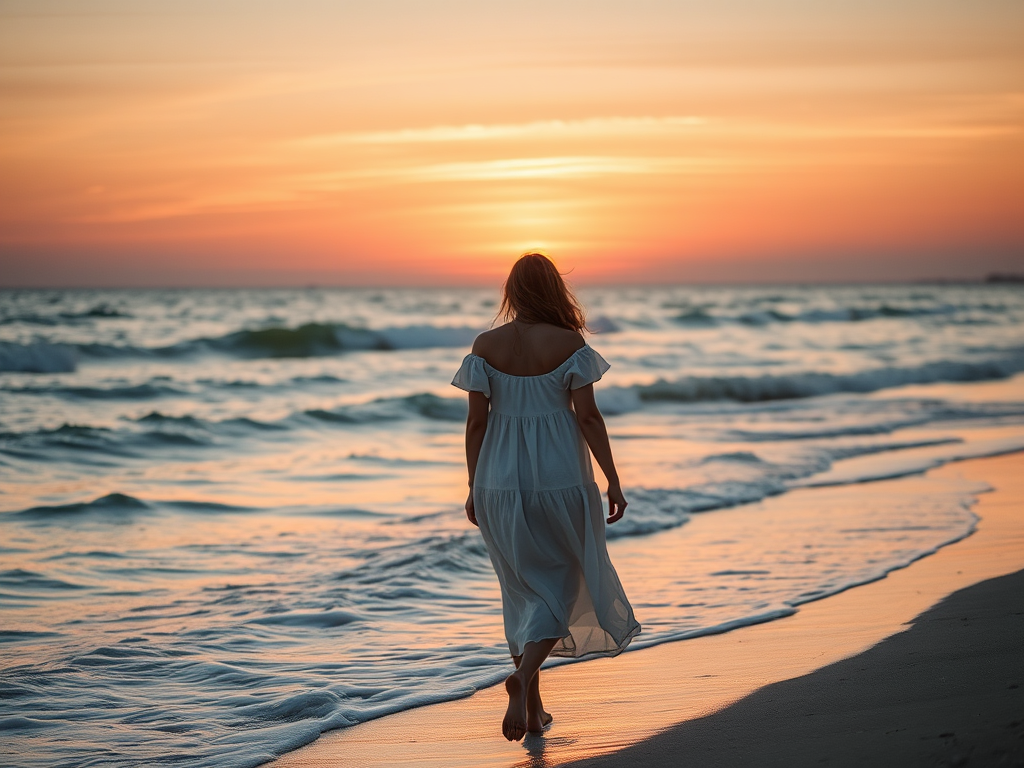 Een vrouw in een witte jurk wandelt langs het strand terwijl de zon ondergaat in de oceaan.