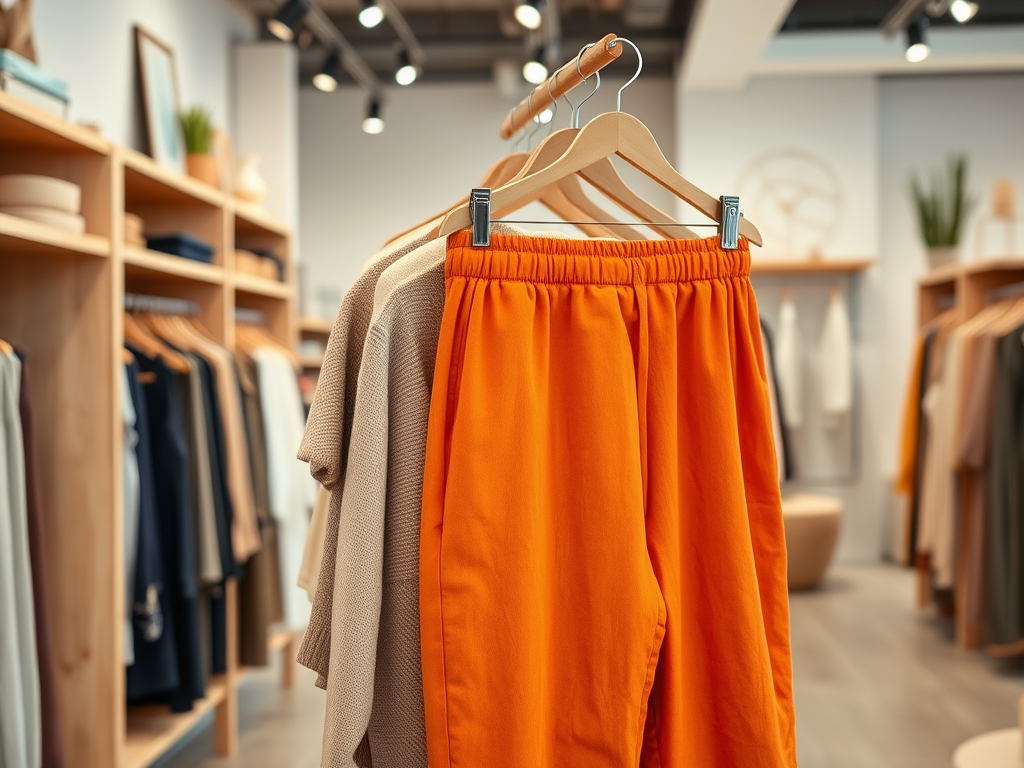 Een close-up van oranje broeken op hangers in een moderne kledingwinkel met verschillende kledingstukken op de achtergrond.