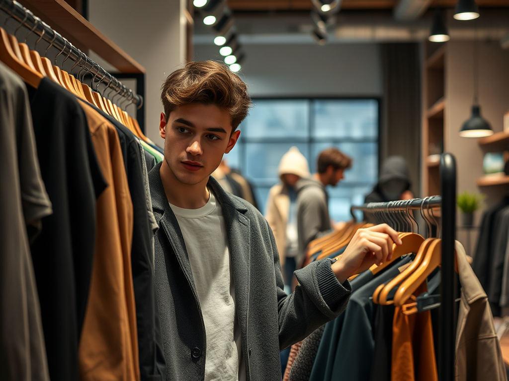 Een jonge man kijkt aandachtig naar kleding in een modieuze winkel, omringd door andere klanten.