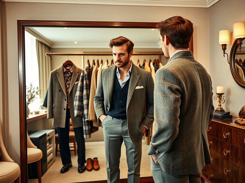 Een man in een spiegel kijkt naar zichzelf terwijl hij een stijlvolle outfit aanpast in een elegante kleedkamer.