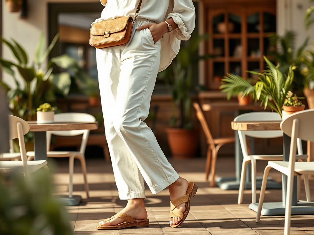Een vrouw in lichte kleding en sandalen staat in een buitenruimte met planten en tafels.