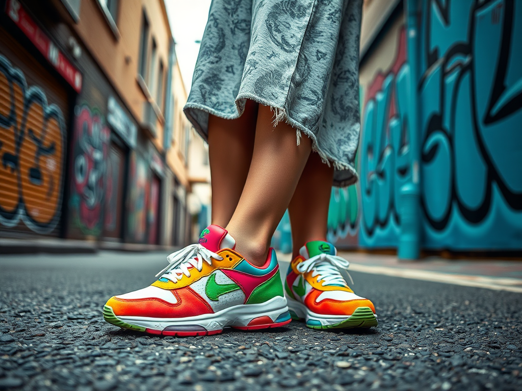 Kleurrijke sneakers dragen, met graffiti op de achtergrond, op een straat in de stad.