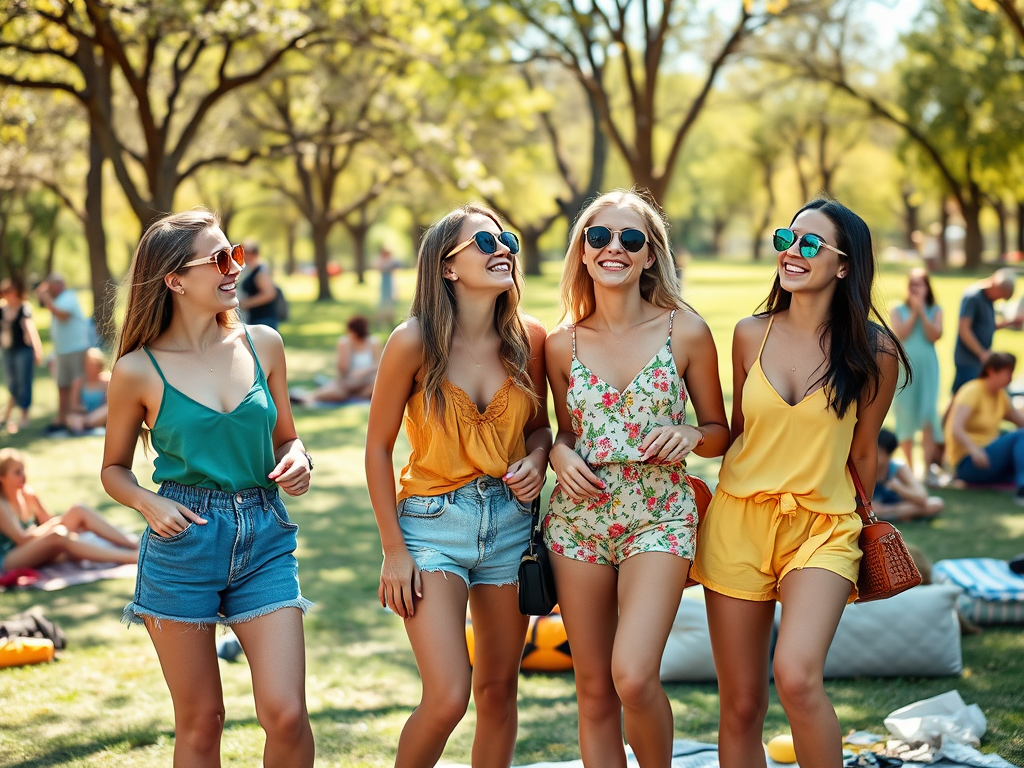 Vier vrienden wandelen vrolijk door een park in de zomer, gekleed in lichte, kleurrijke outfits en zonnebrillen.