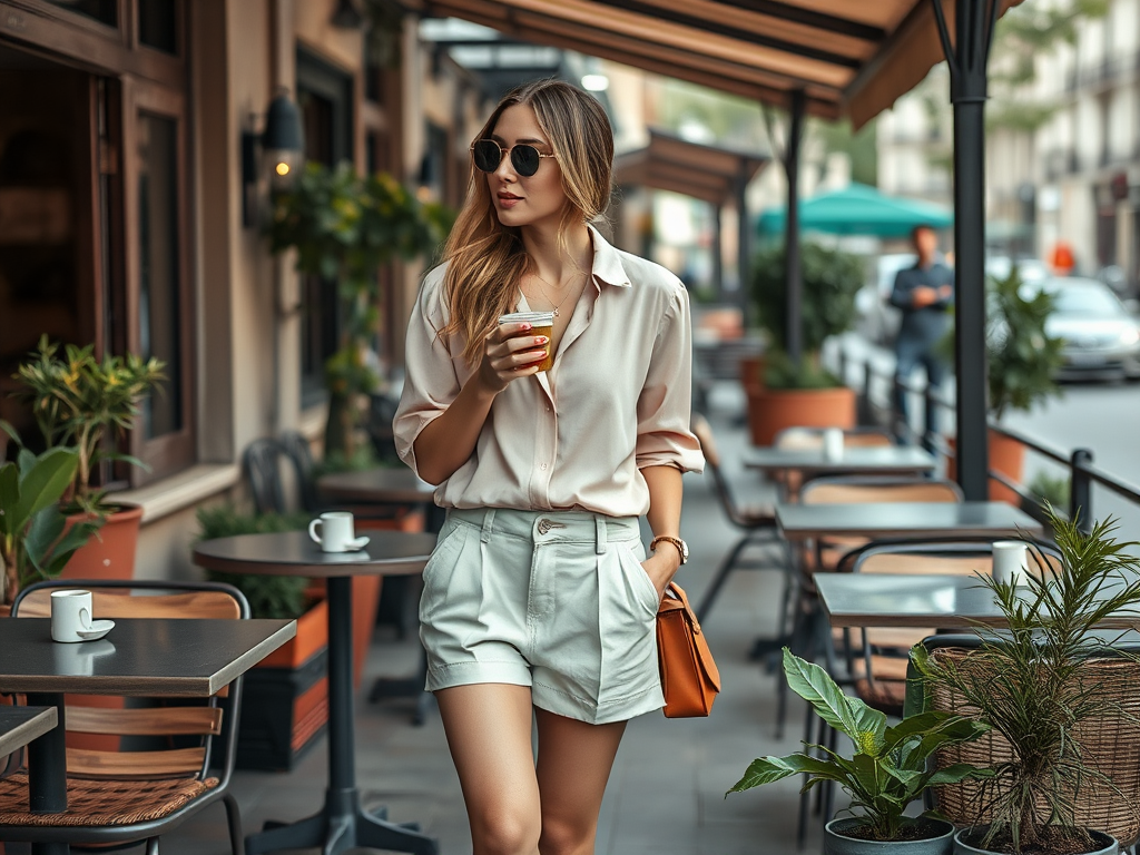 Een vrouw in een lichte outfit loopt met een drankje in een sfeervol café met planten en tafels.