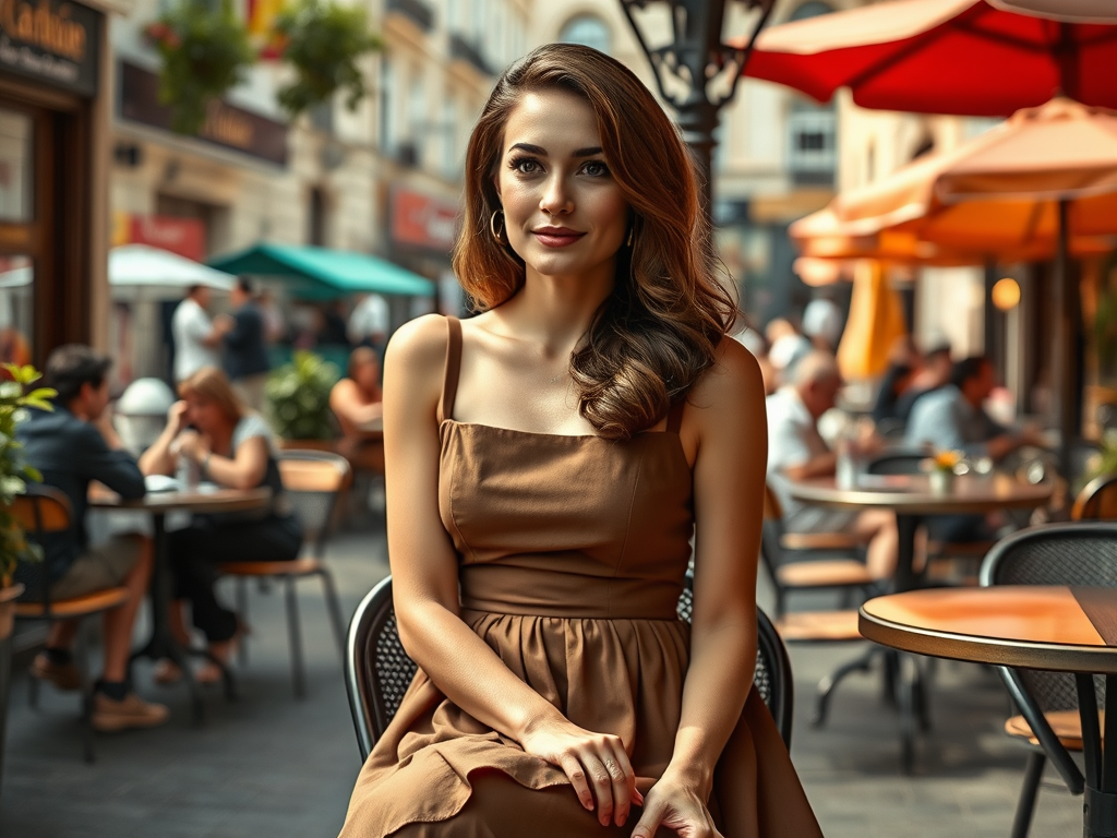 Een vrouw met lang bruin haar in een bruine jurk zit in een café op een drukke straat met mensen.