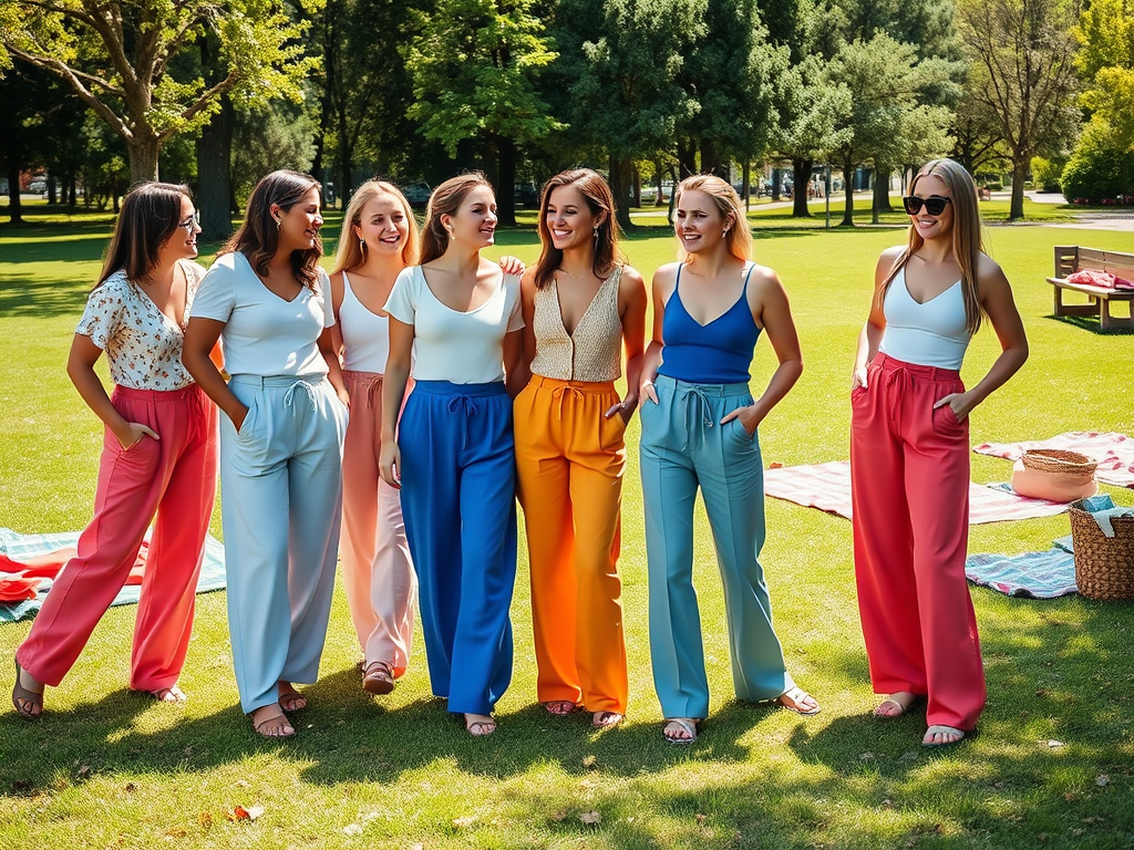Groep van zeven vrouwen met kleurrijke broeken, lachend in een park tijdens een zonnige dag.