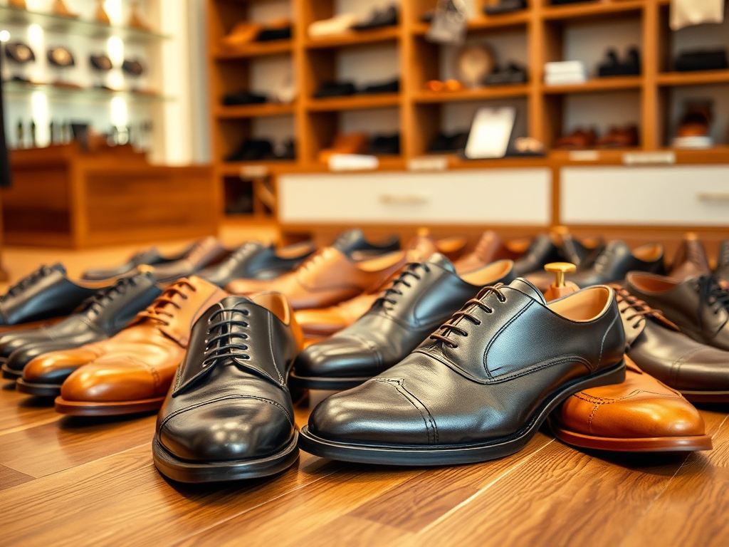 Een collectie luxe leren schoenen in een winkel, met een mix van zwarte en bruine modellen op de vloer.