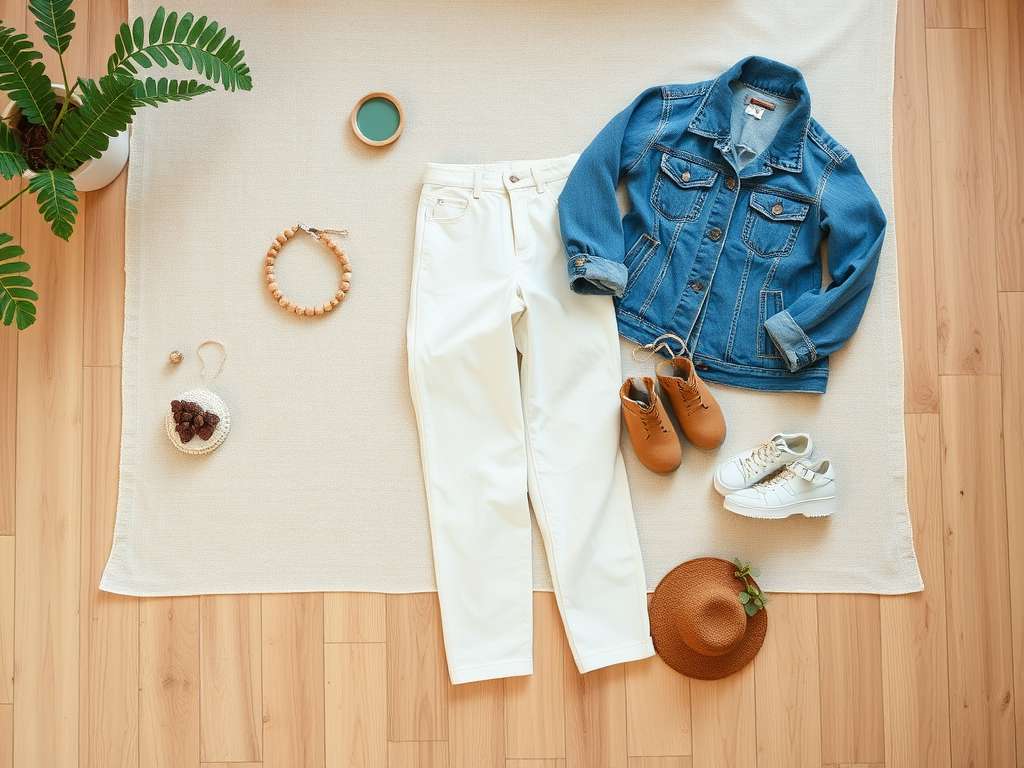 Een outfit met een spijkerjack, witte broek, schoenen, accessoires en een hoed op een lichte ondergrond.
